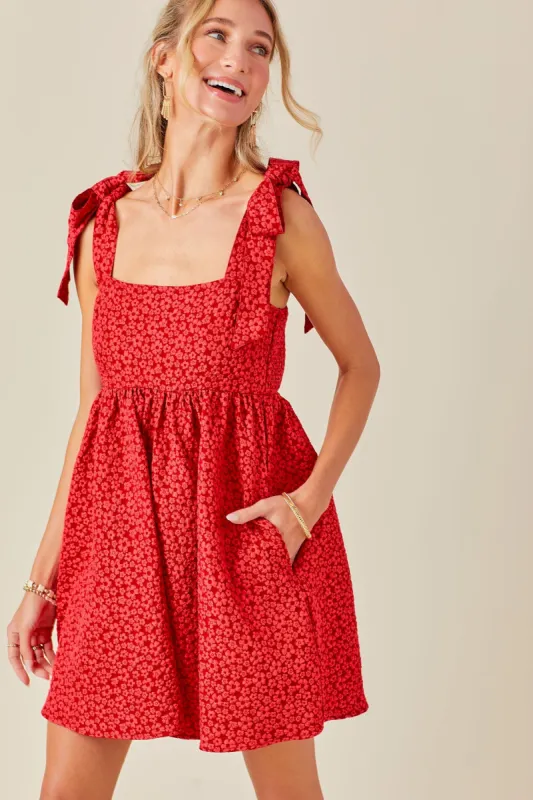 Red Floral Jacquard Mini Dress With Shoulder Straps sold by Pinkblush