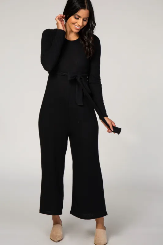 Black Ribbed Knit Long Sleeve Wide Leg Jumpsuit sold by Pinkblush