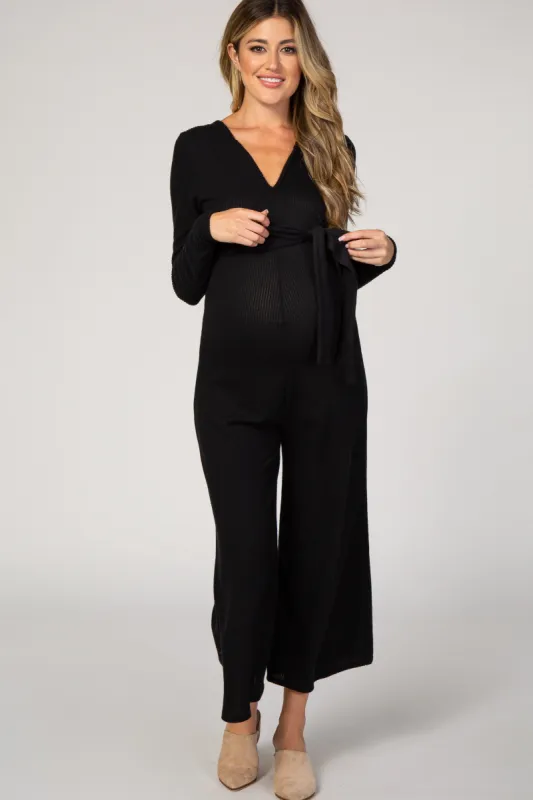 Black Ribbed Knit Long Sleeve Wide Leg Maternity Jumpsuit sold by Pinkblush