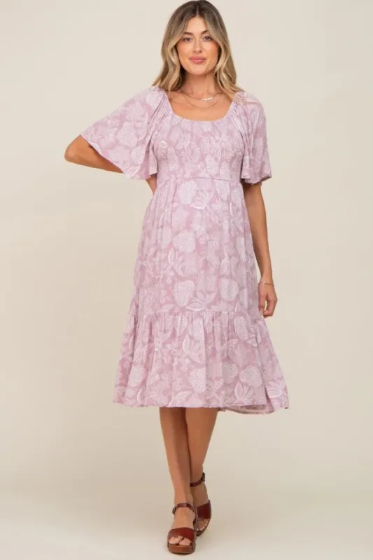 Mauve Floral Smocked Maternity Midi Dress sold by Pinkblush