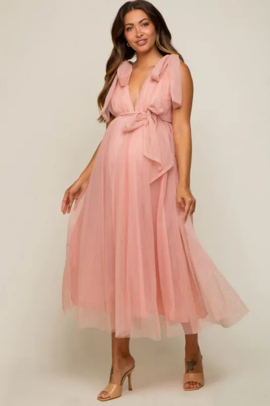 Pink Dotted Tulle Deep V-Neck Shoulder Tie Maternity Midi Dress sold by Pinkblush