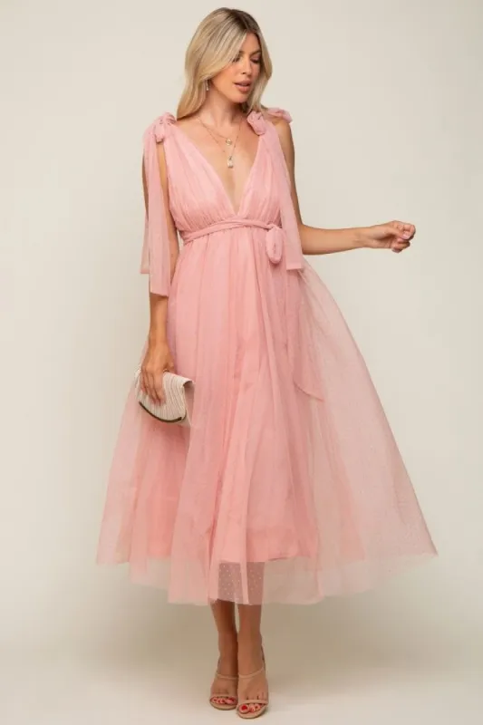 Pink Dotted Tulle Deep V-Neck Shoulder Tie Midi Dress sold by Pinkblush