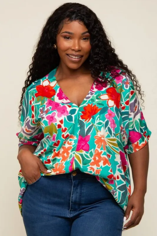 Emerald Green Floral V-Neck Plus Blouse sold by Pinkblush