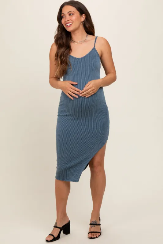 Blue Ribbed Side Slit Sleeveless Maternity Midi Dress sold by Pinkblush