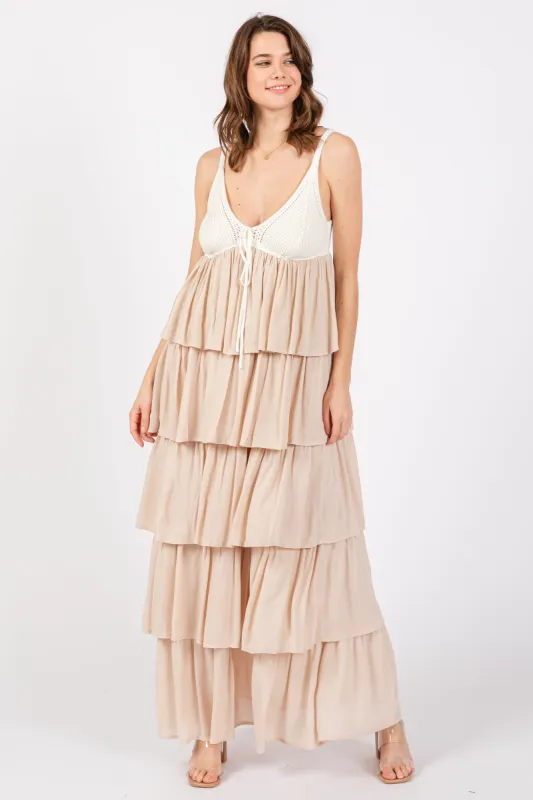 Beige Colorblock Crochet Tiered Maxi Dress sold by Pinkblush