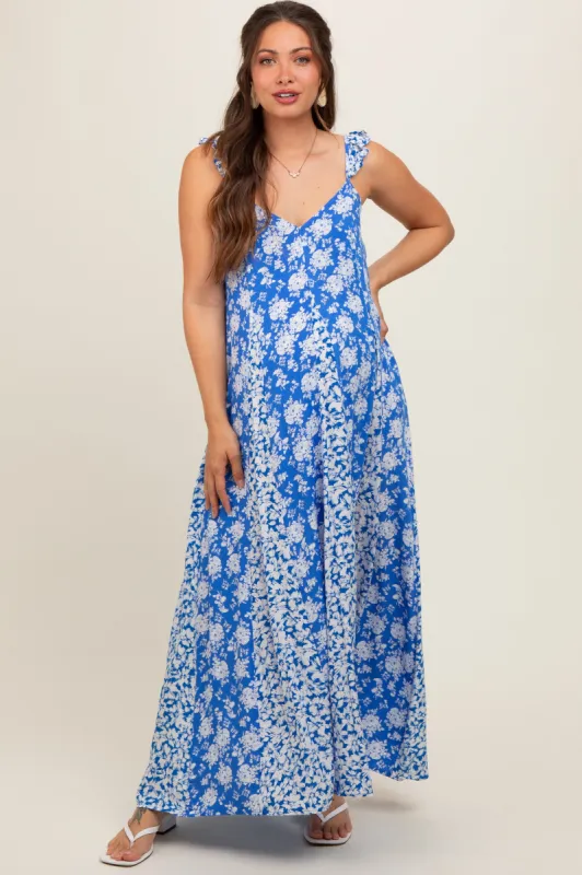 Royal Blue Floral Ruffle Shoulder Cut-Out Back Maternity Maxi Dress sold by Pinkblush