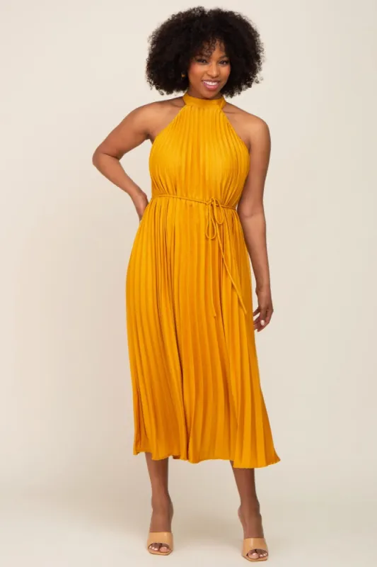 Yellow Pleated Halter Dress sold by Pinkblush
