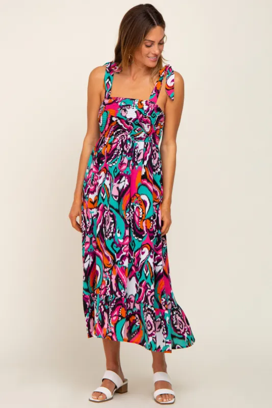 Black Printed Smocked Shoulder Tie Midi Dress sold by Pinkblush