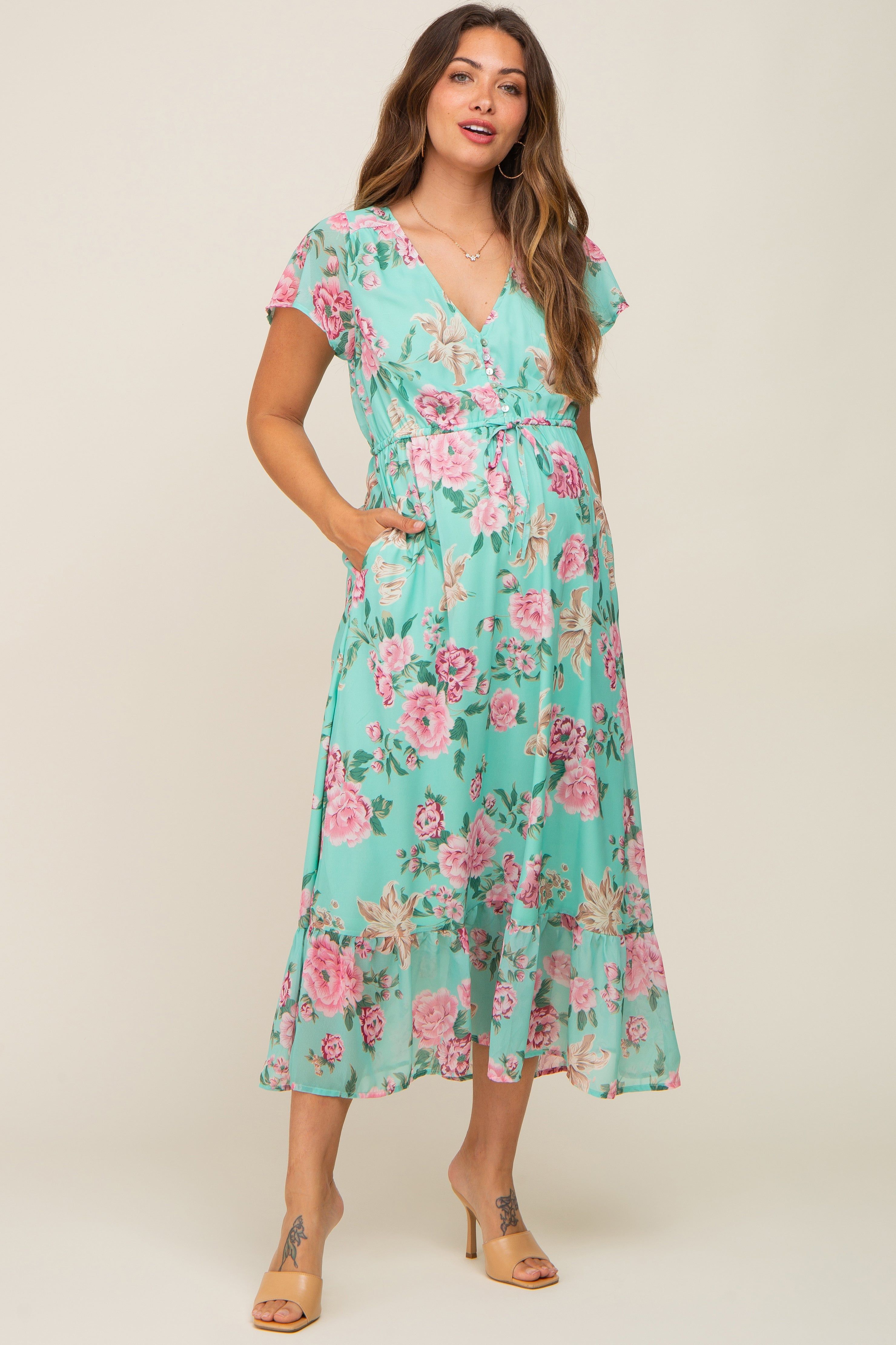 Mint Multi-Color Floral Maternity Maxi Dress sold by Pinkblush