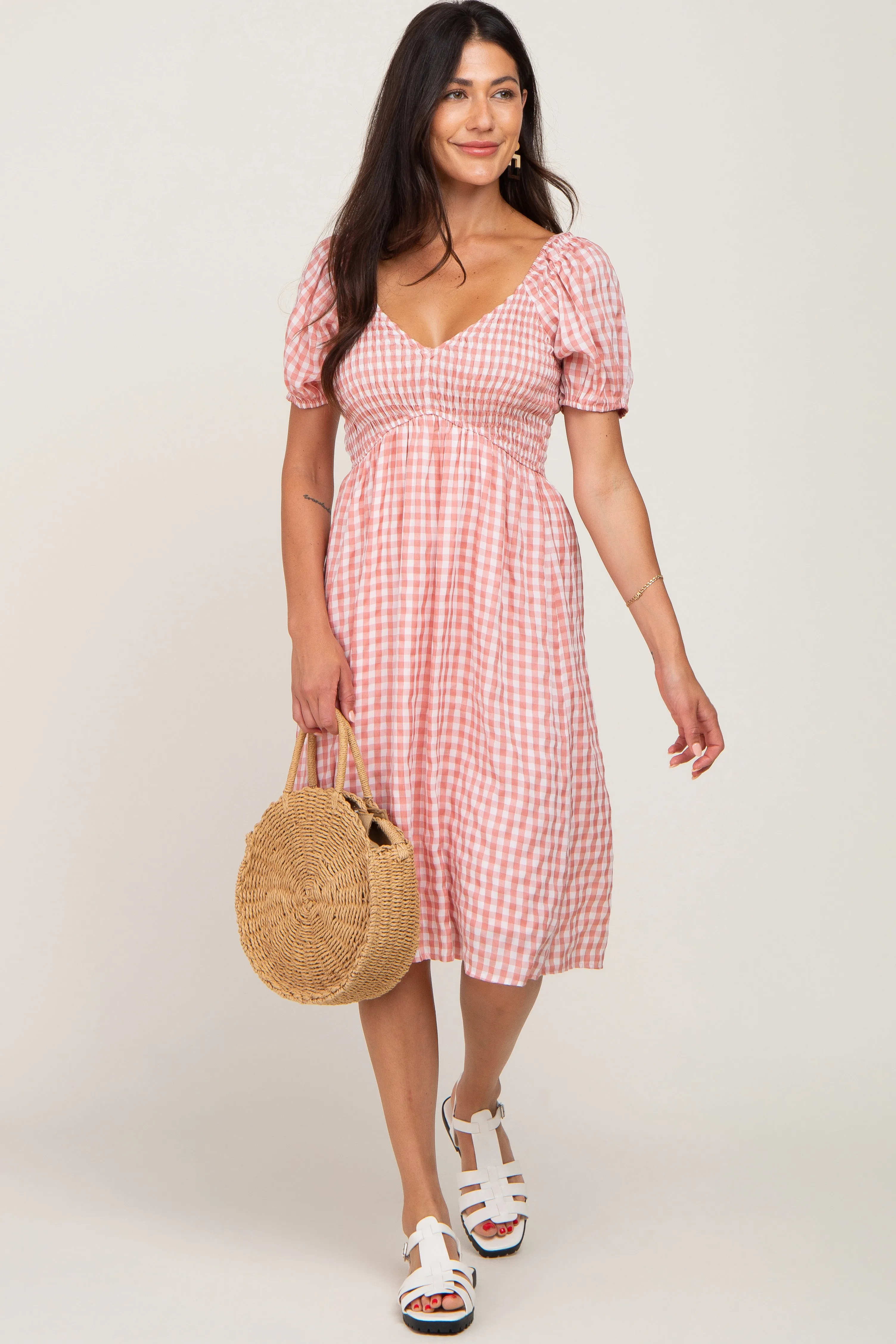 Mauve Gingham V-Neck Maternity Midi Dress sold by Pinkblush product image thumbnail 4