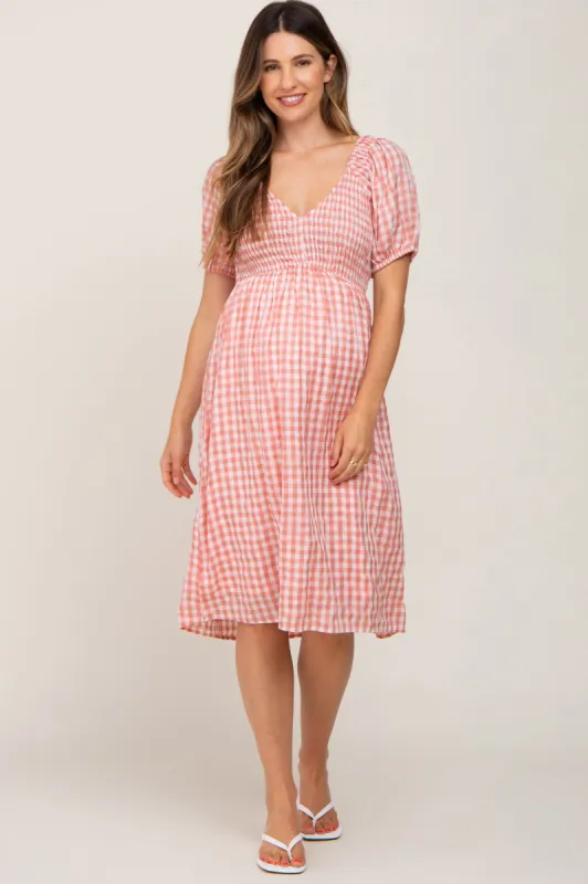 Mauve Gingham V-Neck Maternity Midi Dress sold by Pinkblush