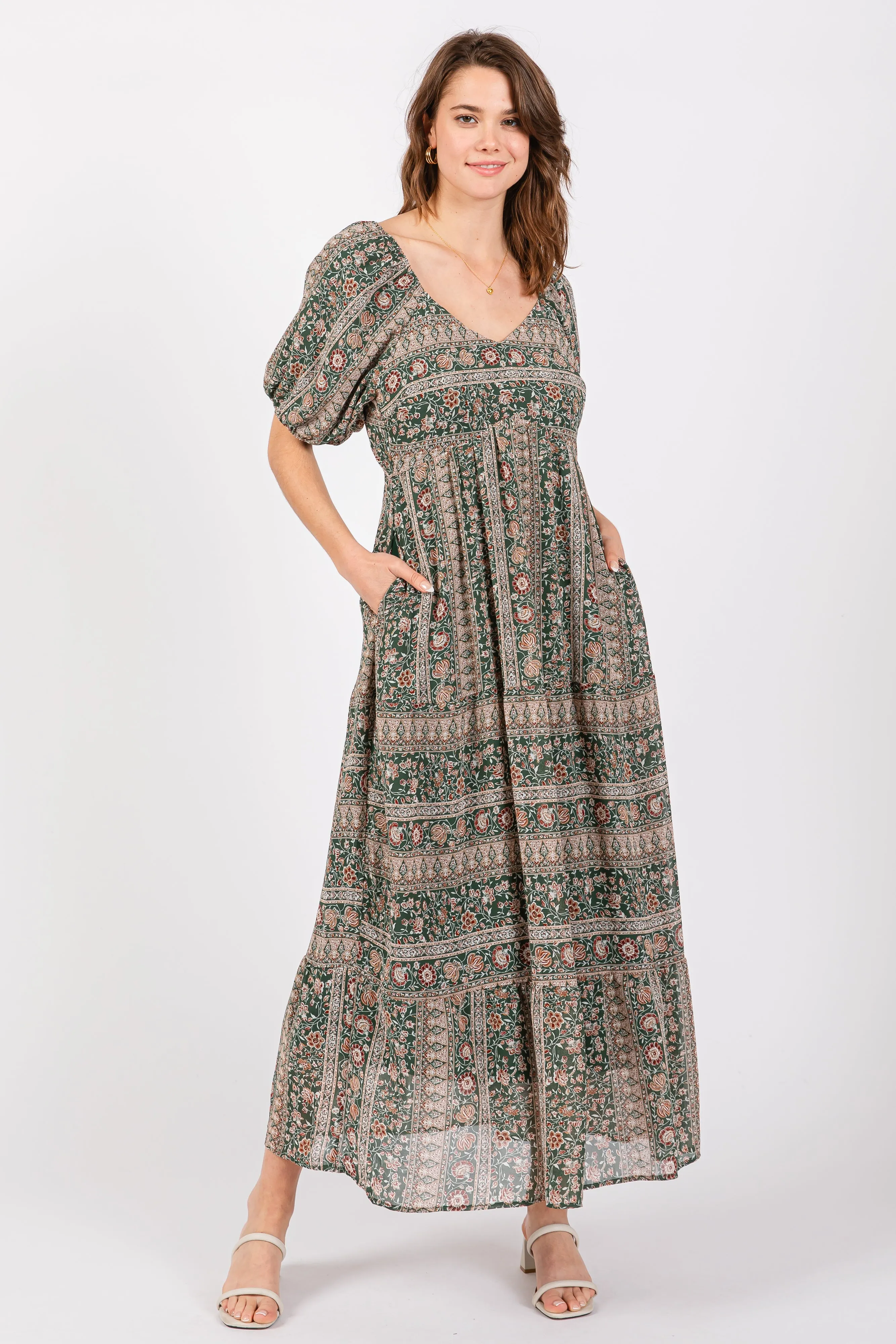 Forest Green V-Neck 3/4 Sleeve Maxi Dress sold by Pinkblush