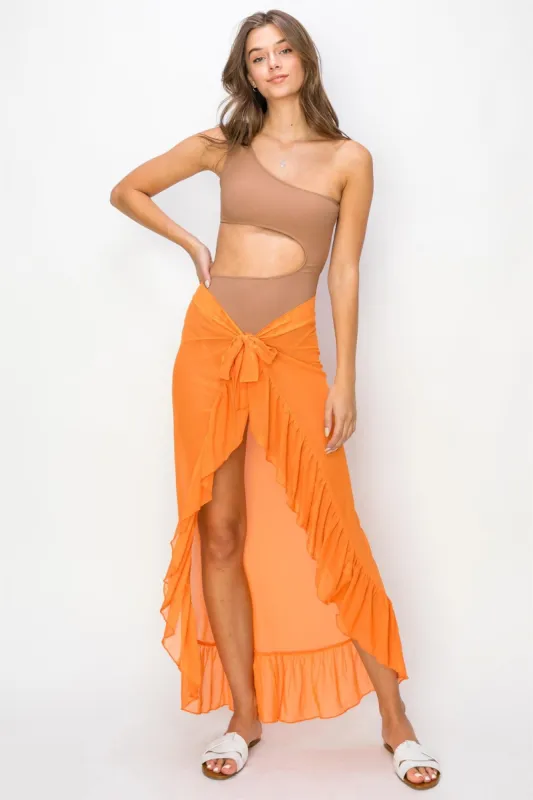 Orange Sheer Ruffle Accent Cover Up sold by Pinkblush
