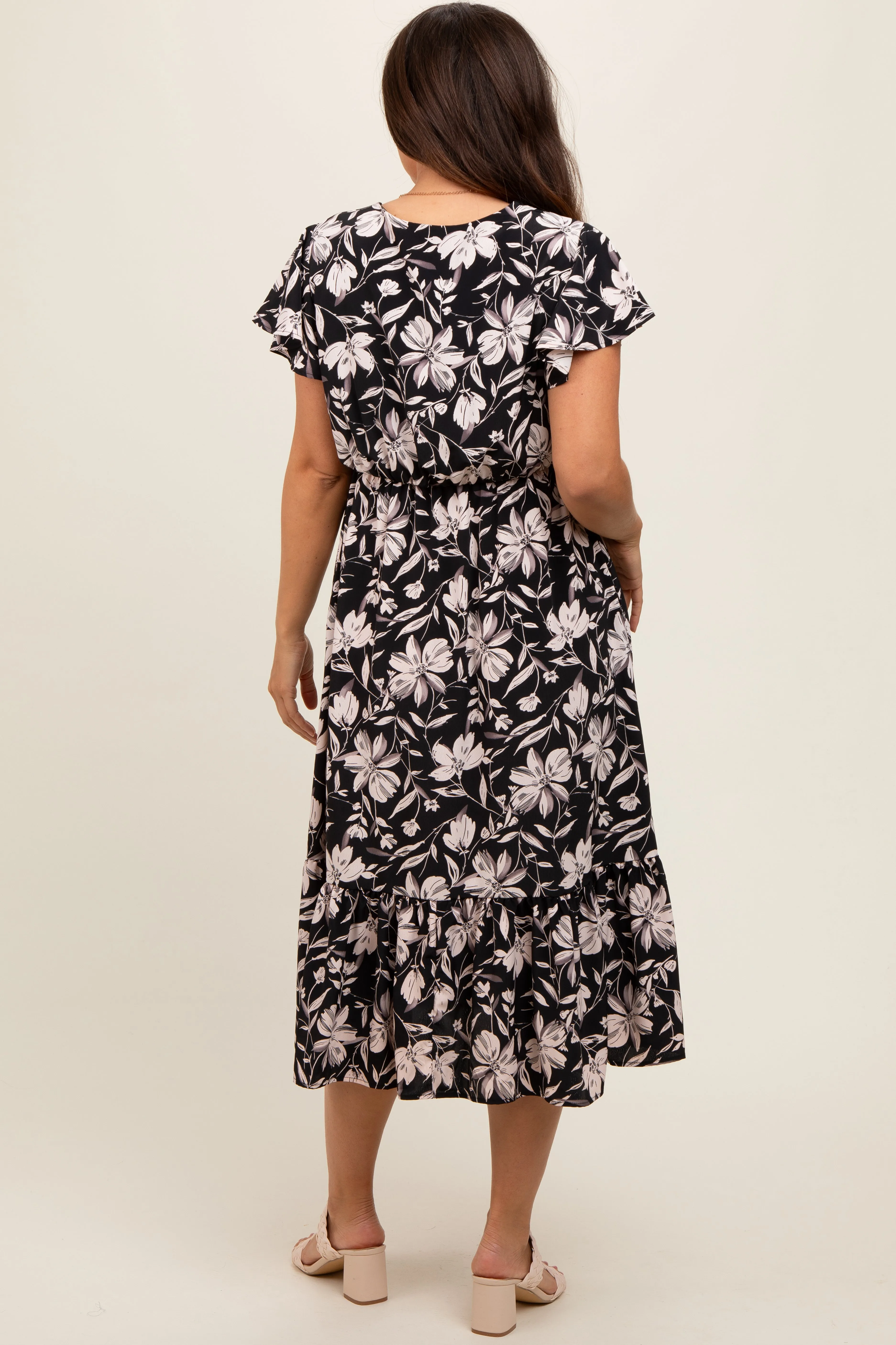 Black Floral Flutter Sleeve Maternity Midi Dress sold by Pinkblush product image thumbnail 3