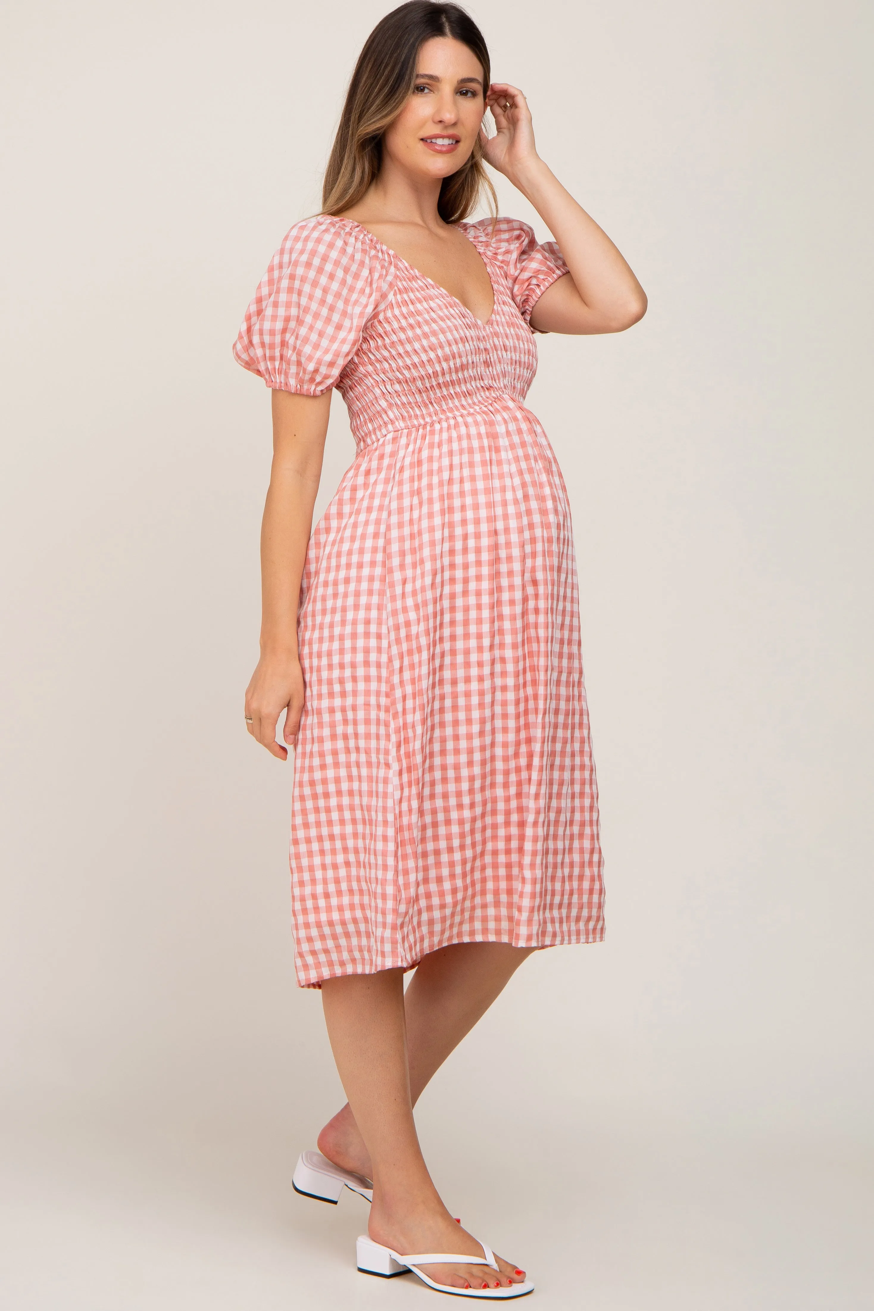 Mauve Gingham V-Neck Maternity Midi Dress sold by Pinkblush product image thumbnail 2