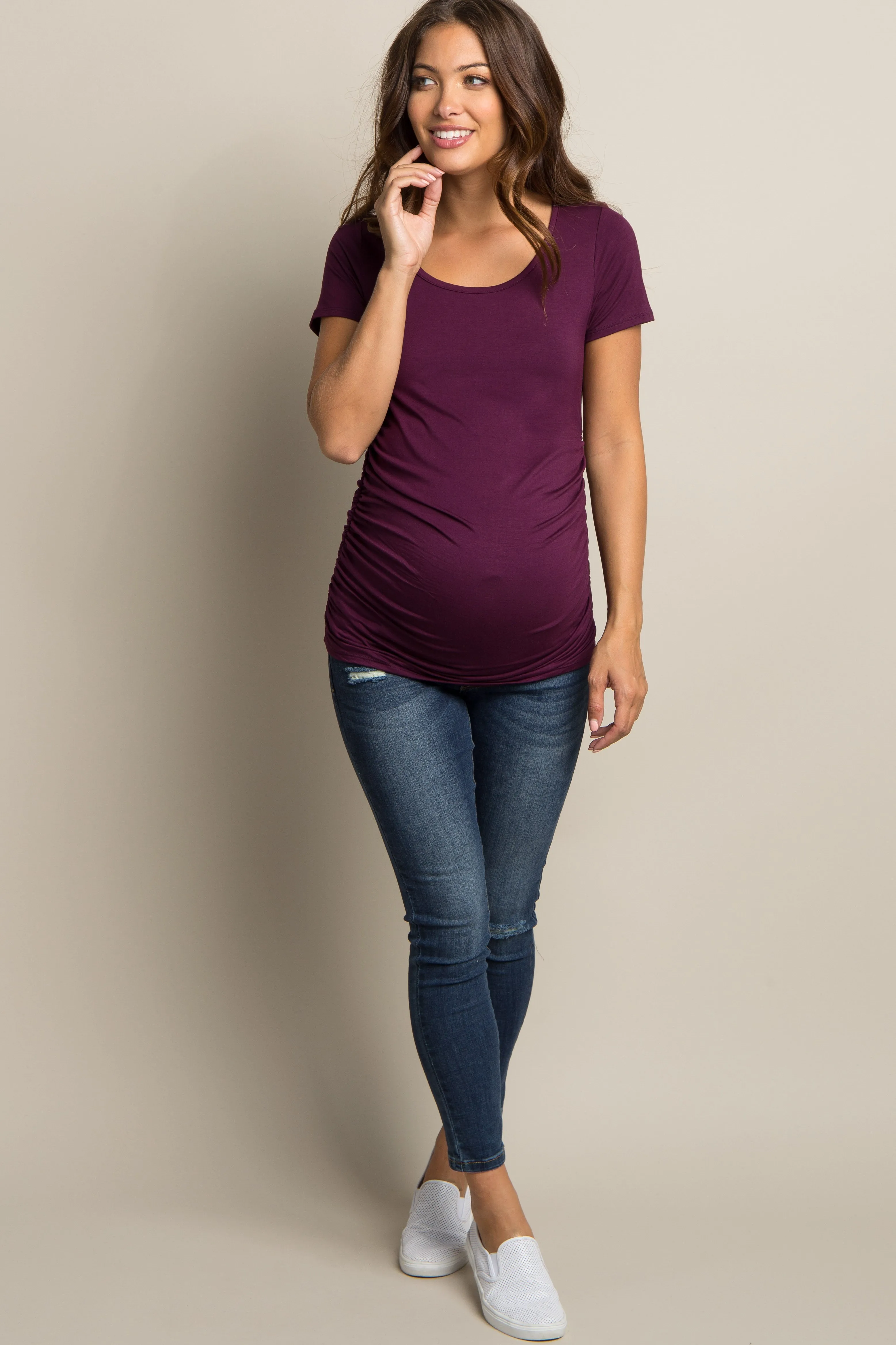 PinkBlush Purple Ruched Short Sleeve Maternity Top sold by Pinkblush product image thumbnail 4