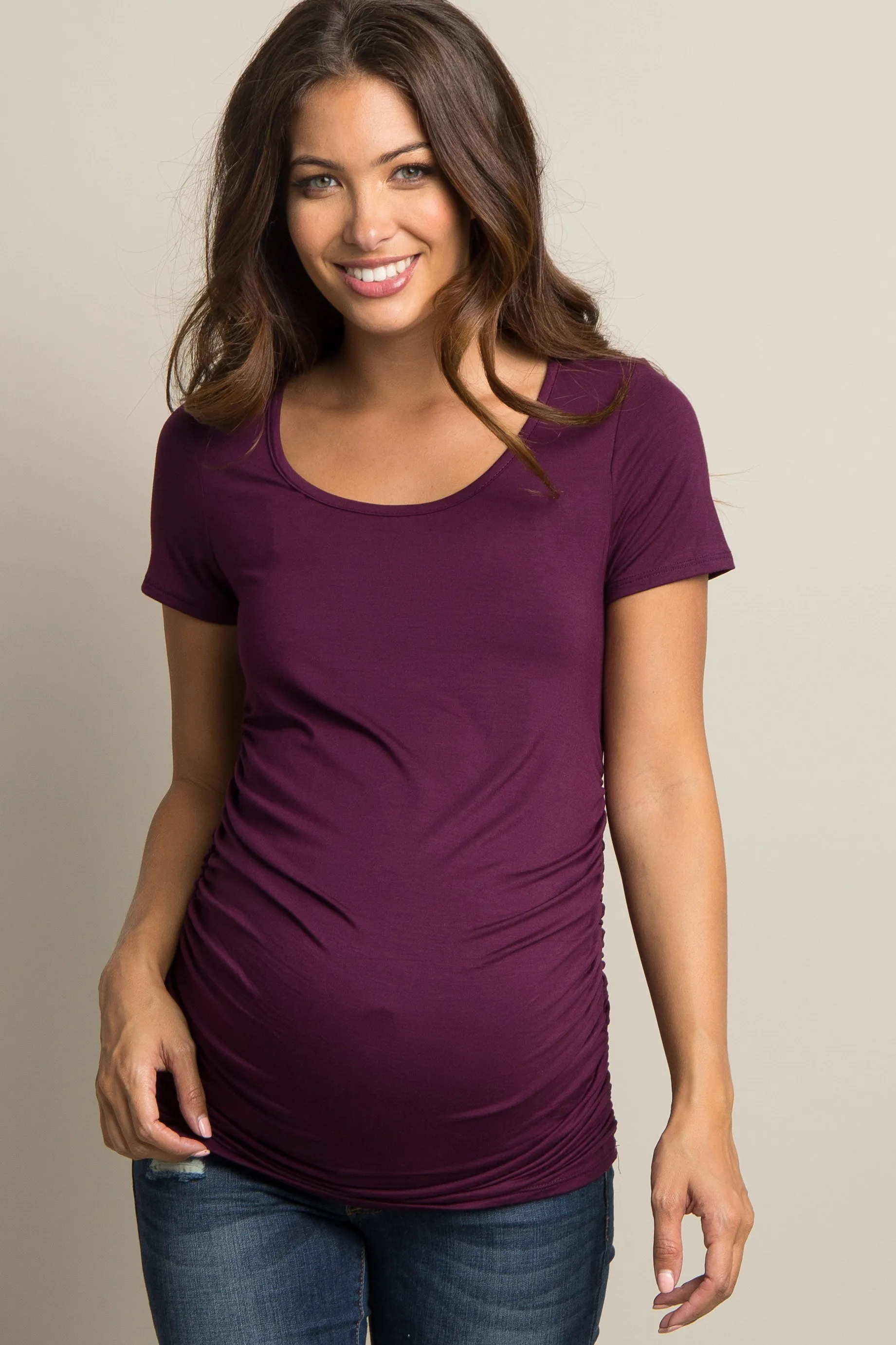 PinkBlush Purple Ruched Short Sleeve Maternity Top sold by Pinkblush