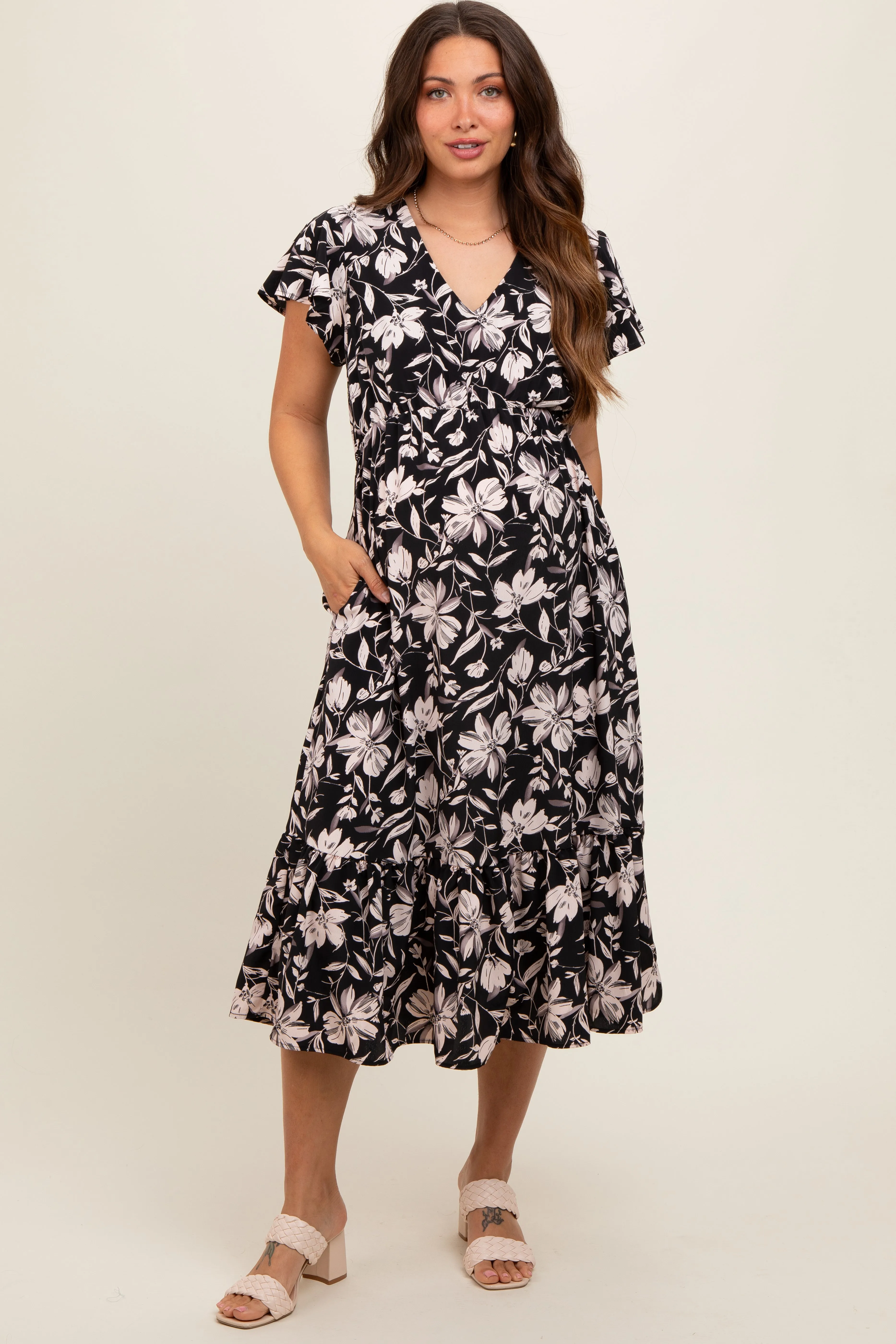 Black Floral Flutter Sleeve Maternity Midi Dress sold by Pinkblush