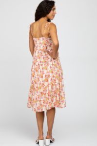 Ivory Floral Print Shoulder Tie Midi Dress sold by Pinkblush