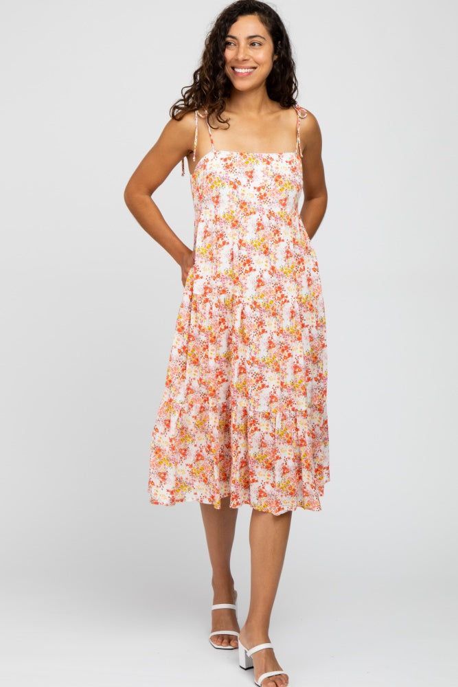 Ivory Floral Print Shoulder Tie Midi Dress sold by Pinkblush