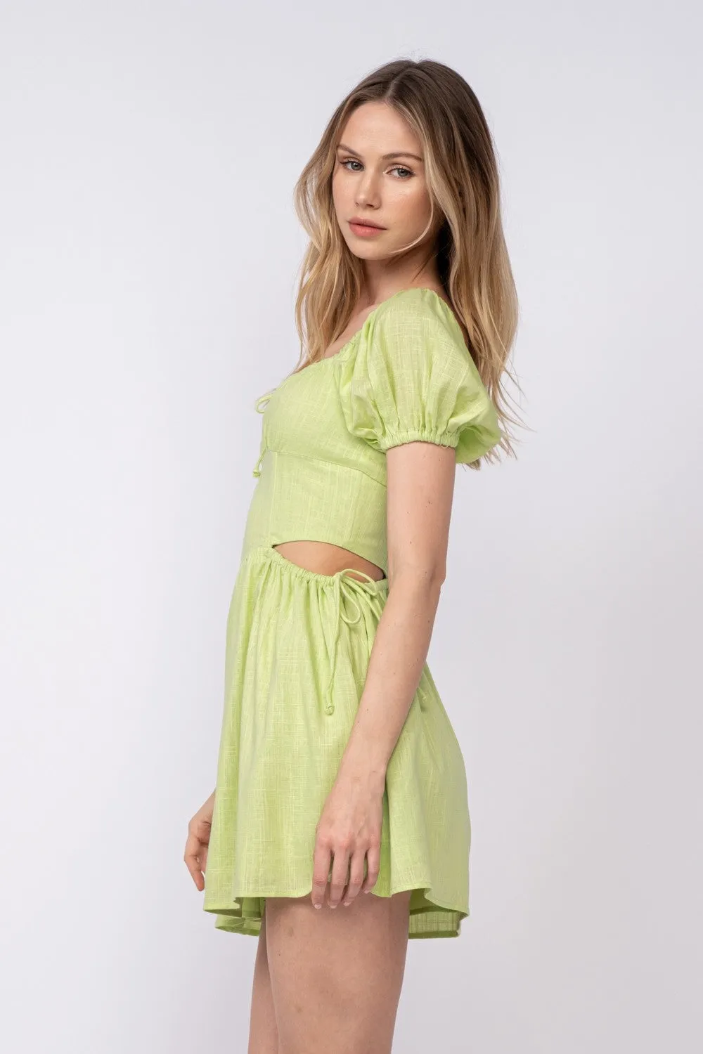 Green Solid Color Square Neck Puff Sleeve Mini Dress sold by Pinkblush product image thumbnail 2