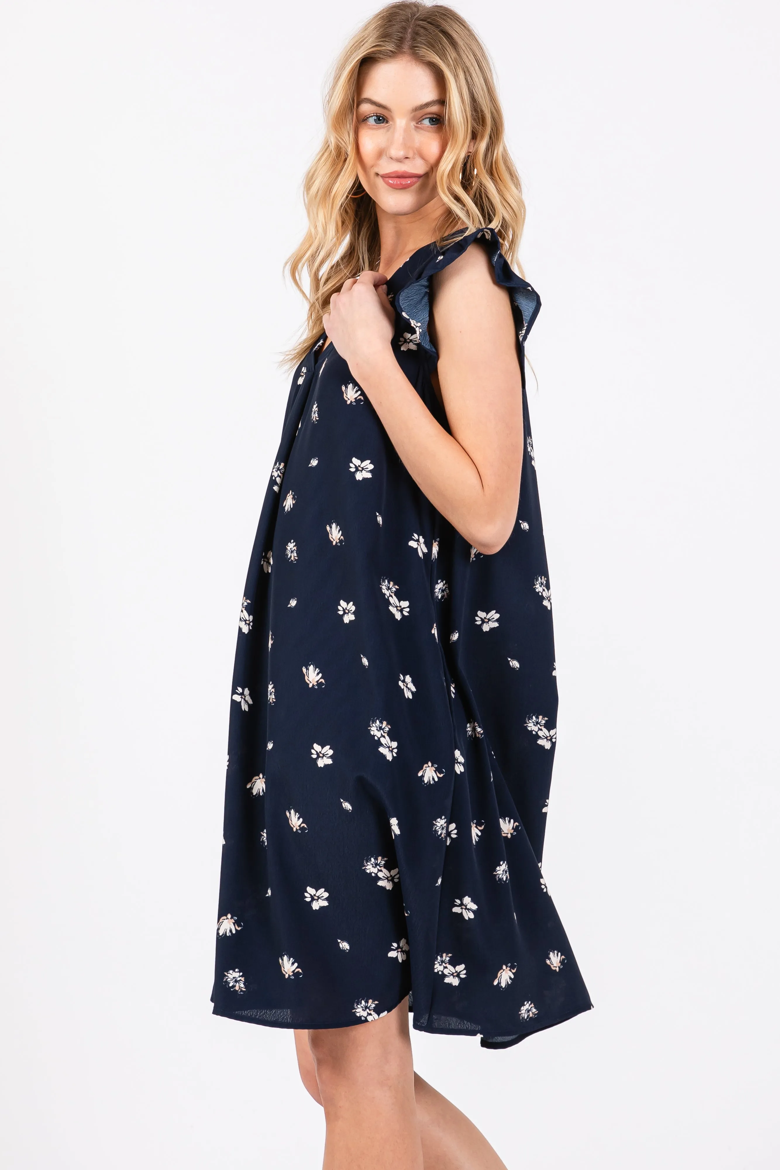 Navy Blue Floral Ruffle Cap Sleeve Dress sold by Pinkblush product image thumbnail 3