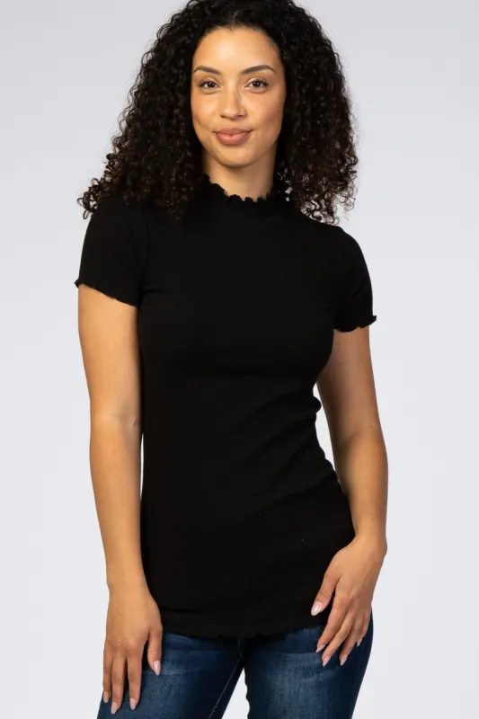 Black Ribbed Ruffle Trim Top sold by Pinkblush