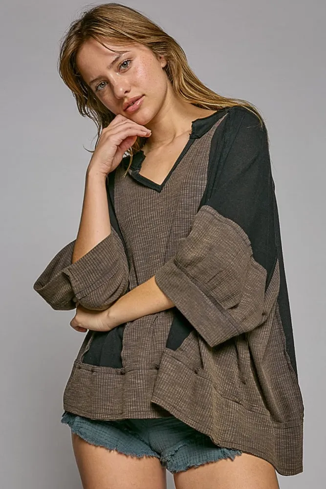 Charcoal Black Oversize Notched Neck Frayed Edge Contrast Top sold by Pinkblush