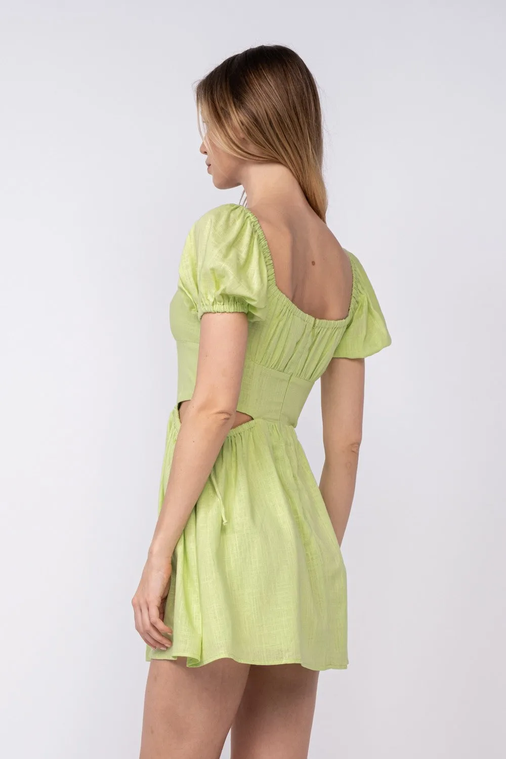 Green Solid Color Square Neck Puff Sleeve Mini Dress sold by Pinkblush product image thumbnail 3