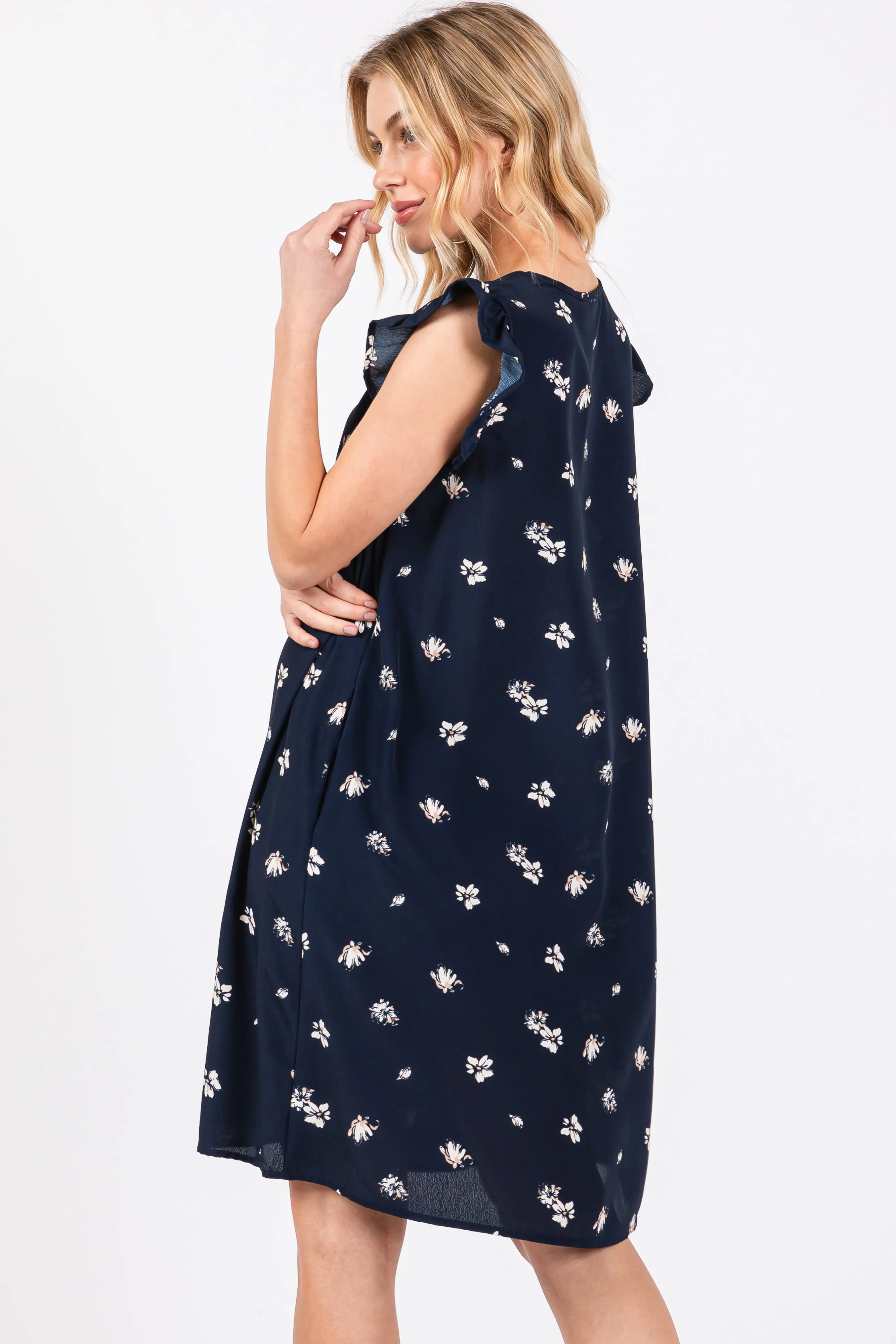 Navy Blue Floral Ruffle Cap Sleeve Dress sold by Pinkblush product image thumbnail 4