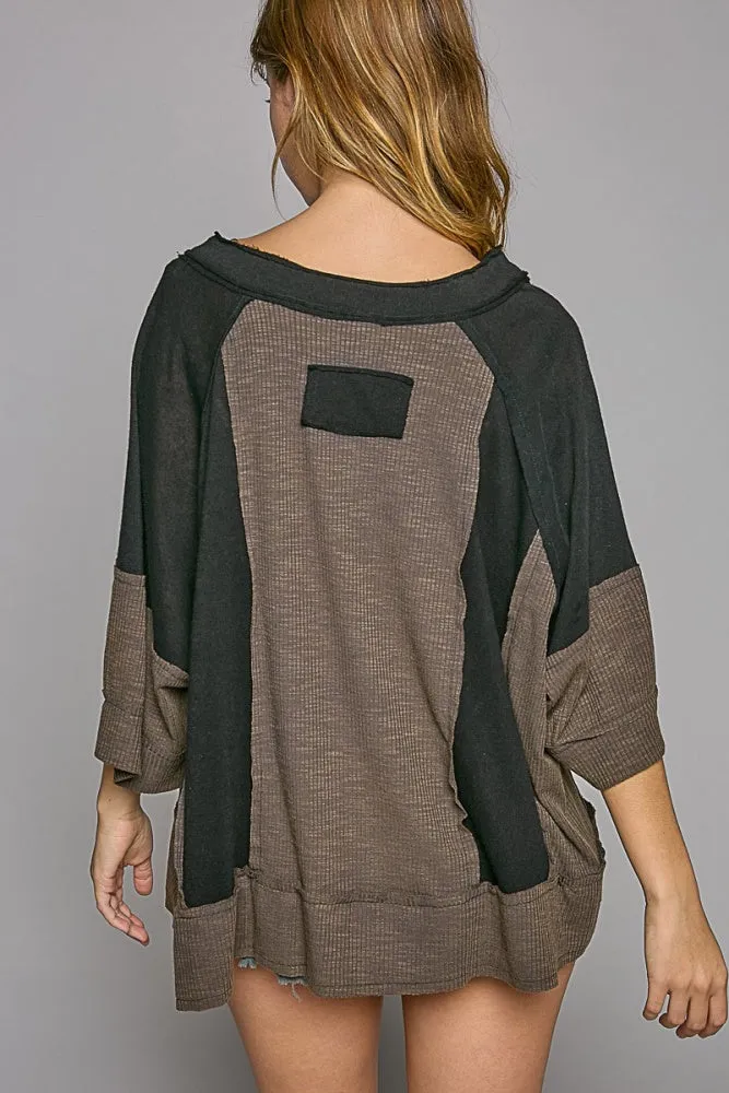Charcoal Black Oversize Notched Neck Frayed Edge Contrast Top sold by Pinkblush product image thumbnail 2