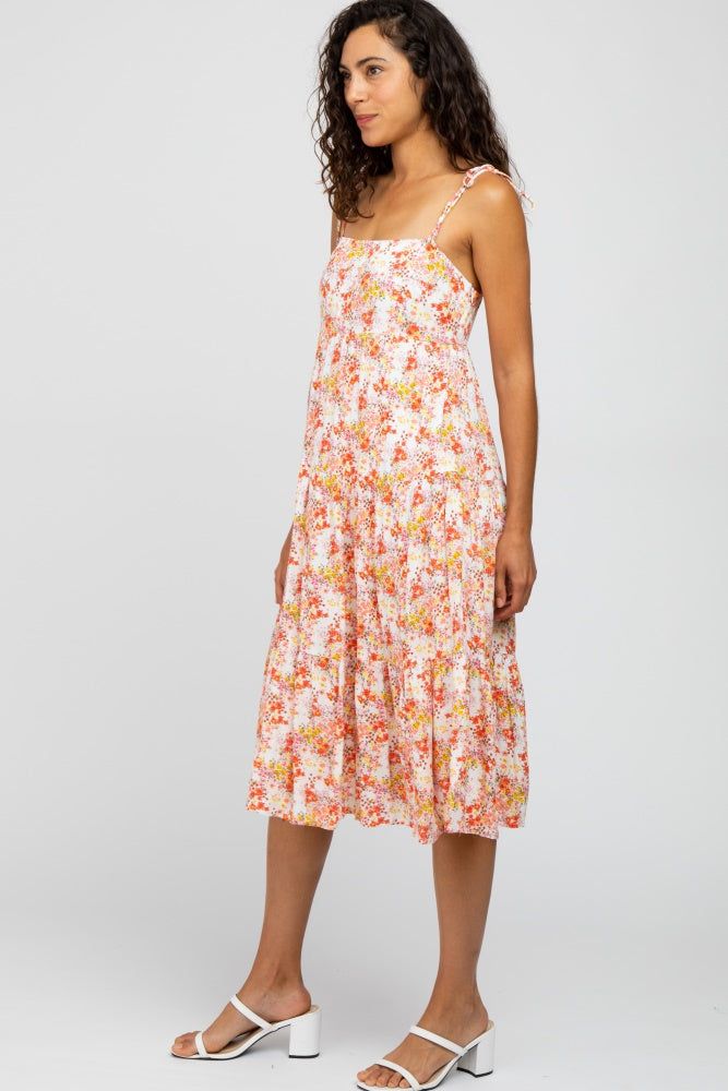 Ivory Floral Print Shoulder Tie Midi Dress sold by Pinkblush product image thumbnail 2