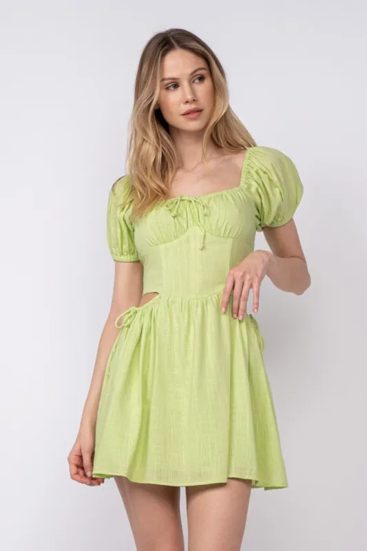 Green Solid Color Square Neck Puff Sleeve Mini Dress sold by Pinkblush