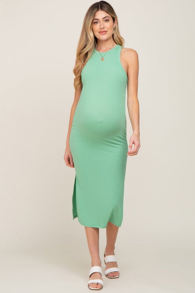 Green Ribbed Sleeveless Side Slit Maternity Midi Dress sold by Pinkblush