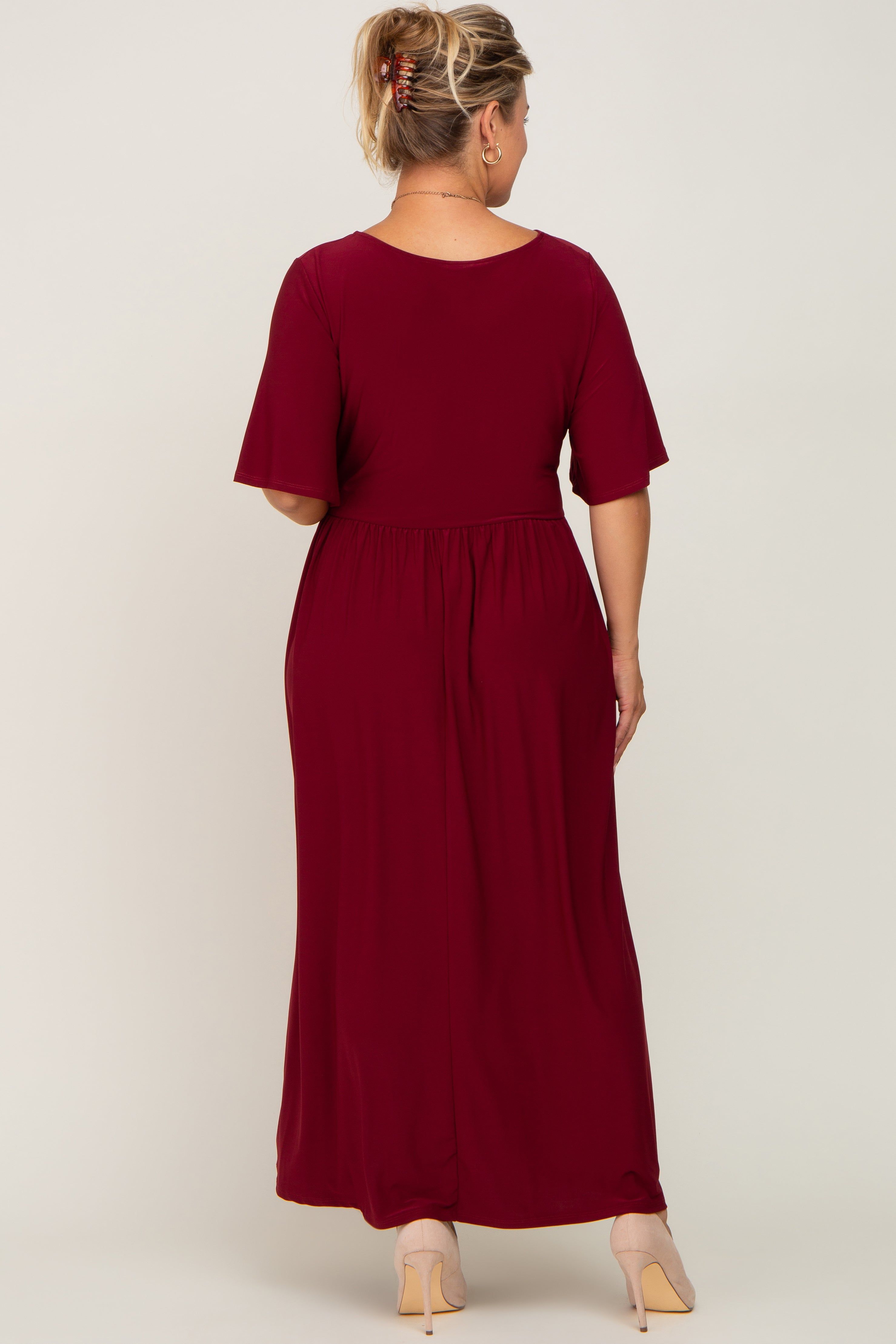 Burgundy Gathered Front Maternity Plus Maxi Dress sold by Pinkblush product image thumbnail 3