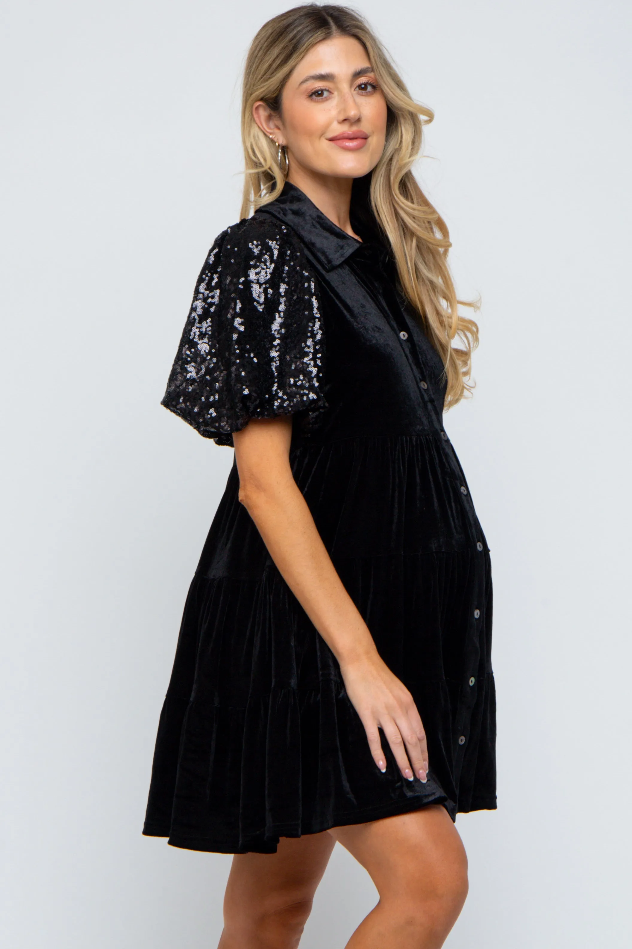 Black Velvet Tiered Sequin Short Sleeve Maternity Dress sold by Pinkblush product image thumbnail 2