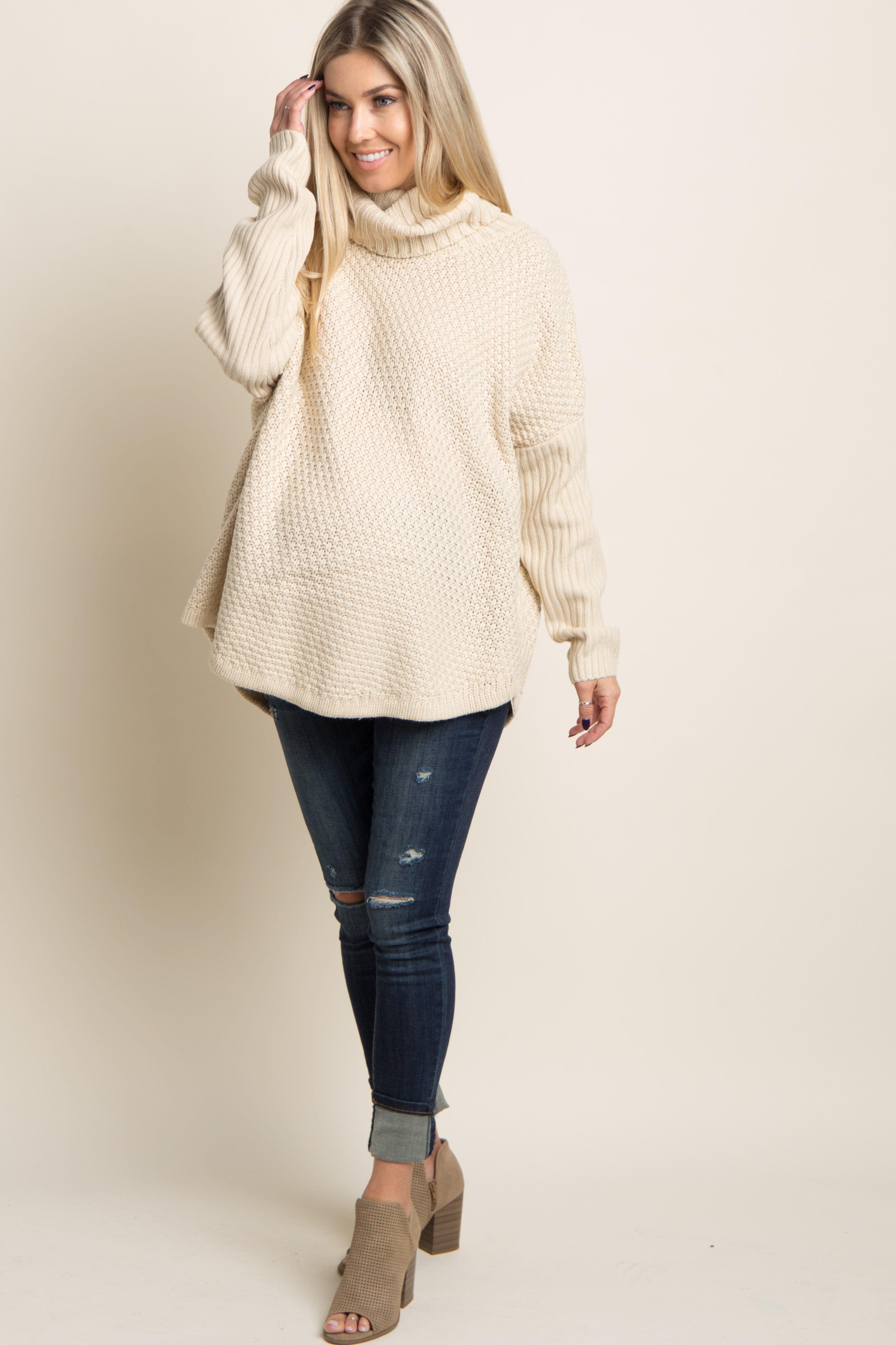 Beige Cowl Neck Knit Maternity Sweater sold by Pinkblush product image thumbnail 3