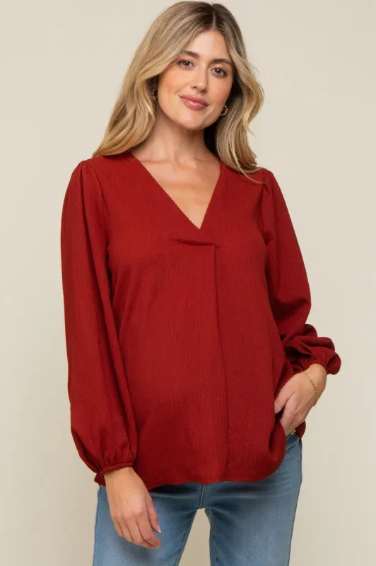 Rust Textured Long Sleeve Maternity Blouse sold by Pinkblush