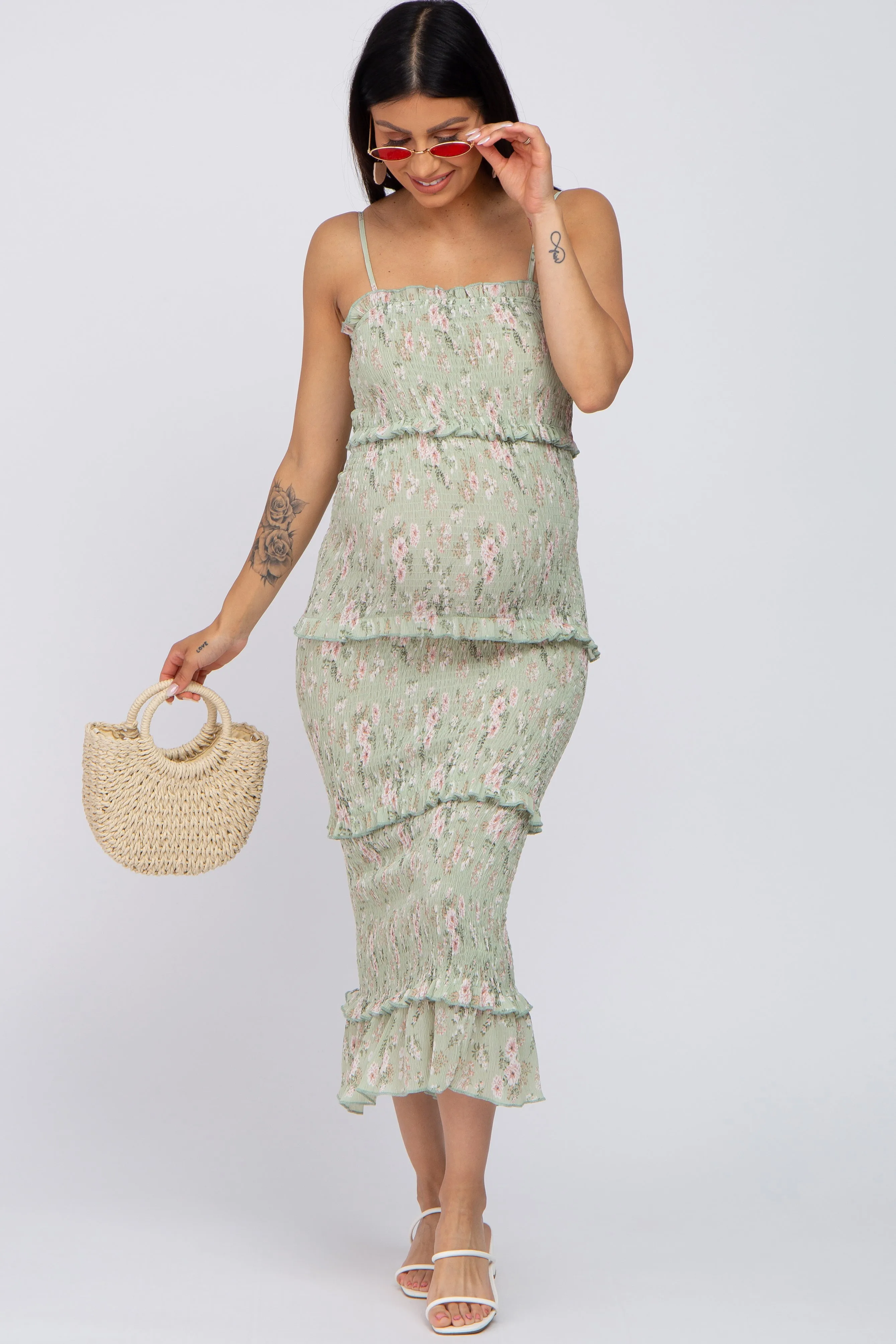 Sage Floral Smocked Fitted Maternity Midi Dress sold by Pinkblush product image thumbnail 4