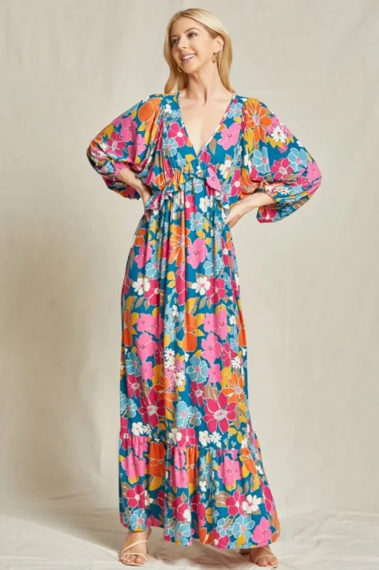 Teal Retro Floral V-Neck Ruffle Knit Maxi Dress sold by Pinkblush