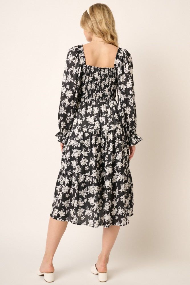 White Floral Satin Smocked Tiered Midi Dress sold by Pinkblush product image thumbnail 3