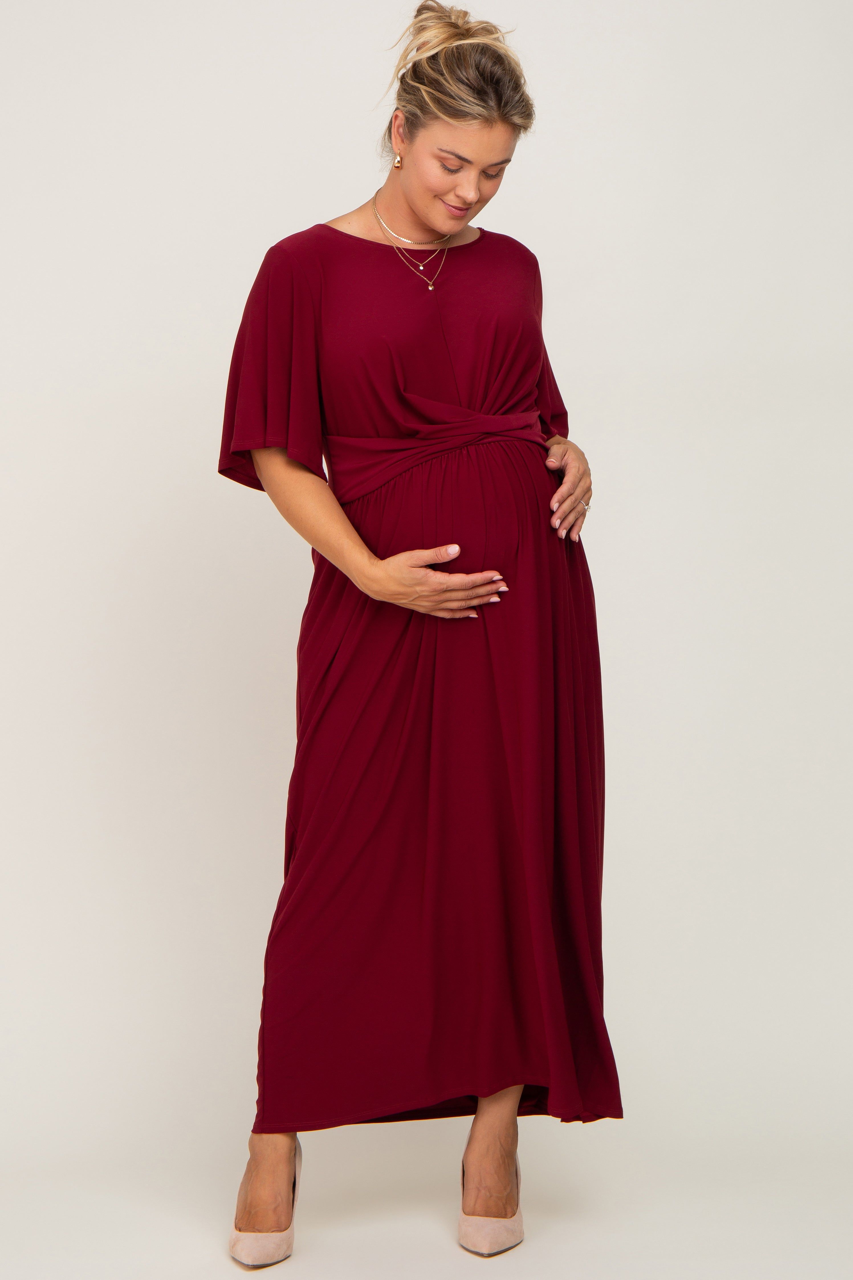 Burgundy Gathered Front Maternity Plus Maxi Dress sold by Pinkblush product image thumbnail 4