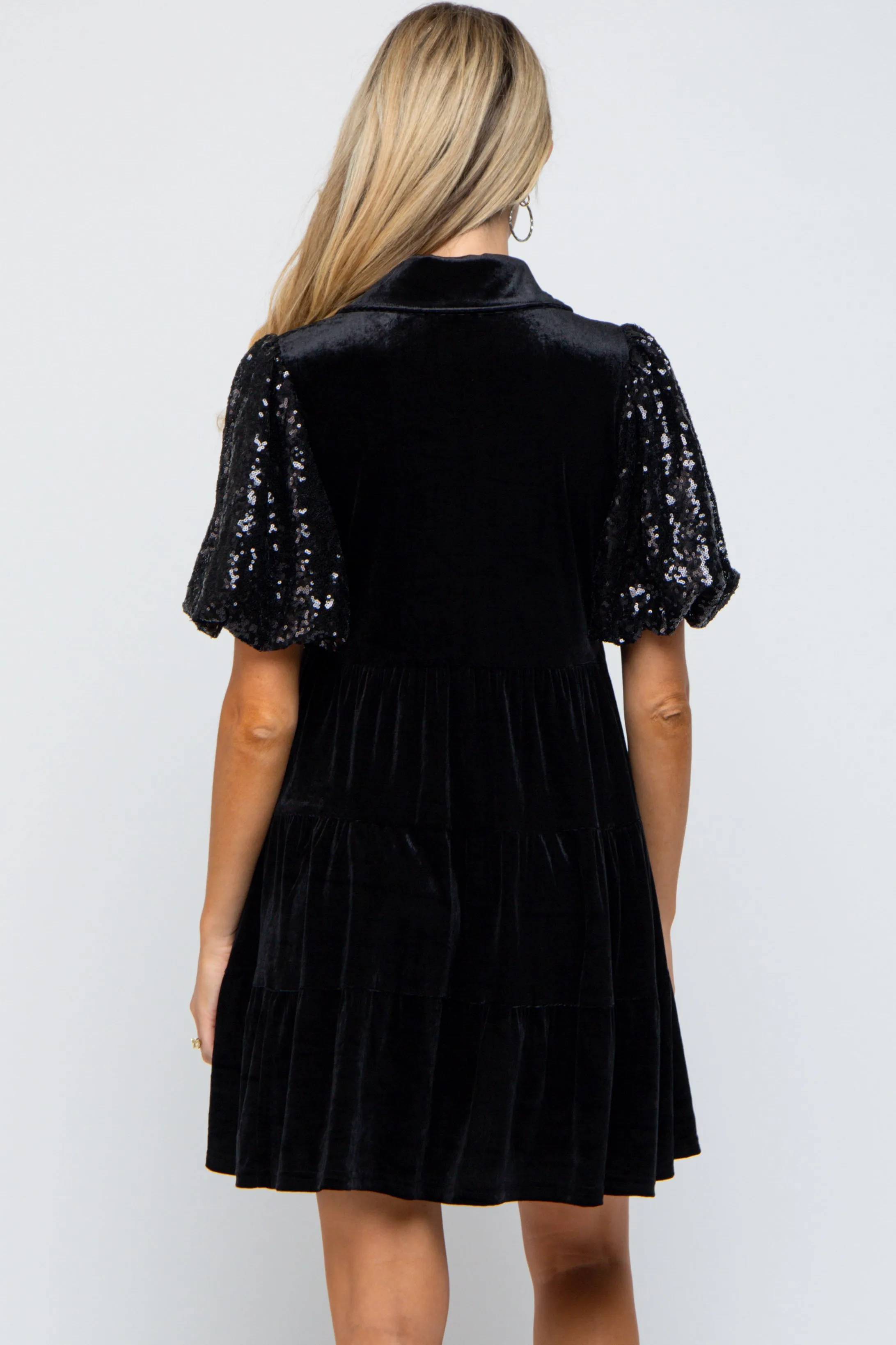 Black Velvet Tiered Sequin Short Sleeve Maternity Dress sold by Pinkblush product image thumbnail 3