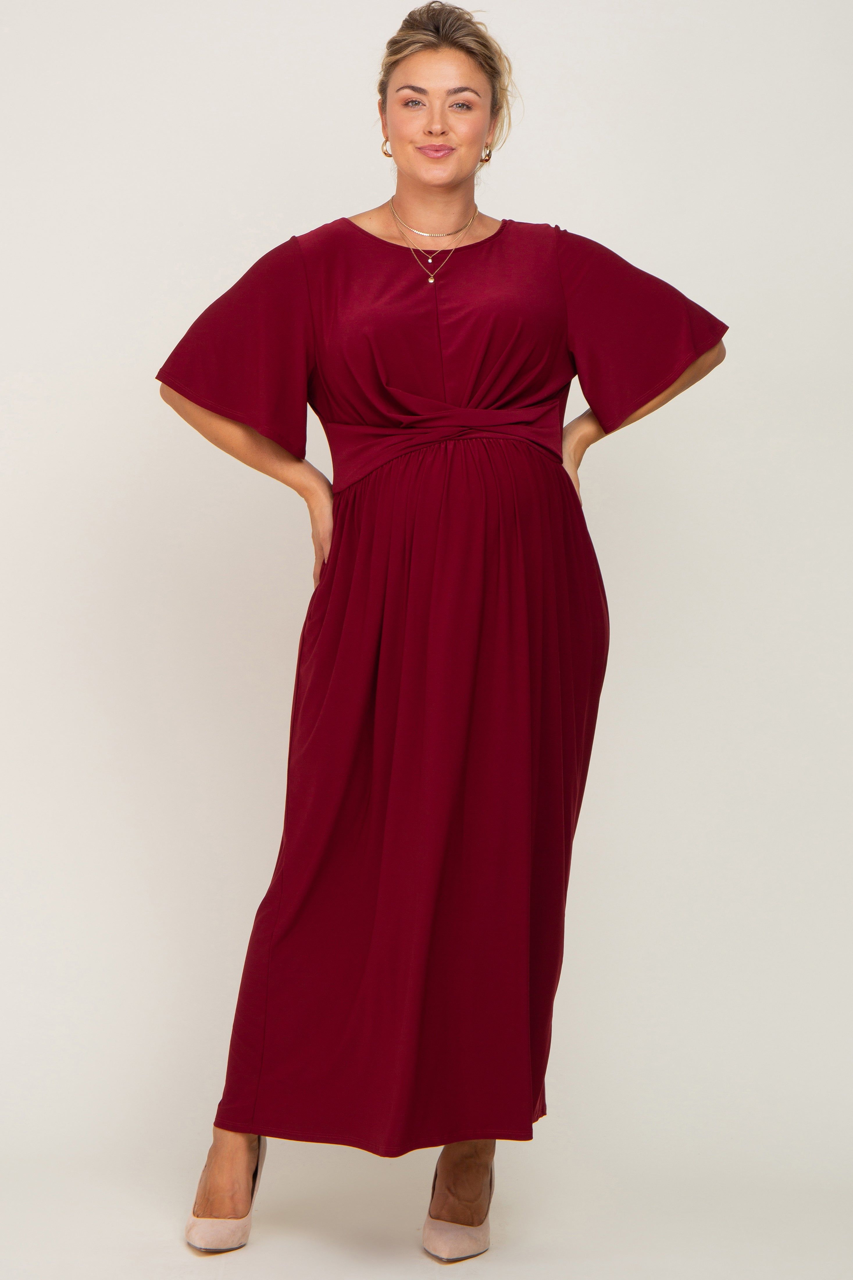Burgundy Gathered Front Maternity Plus Maxi Dress sold by Pinkblush