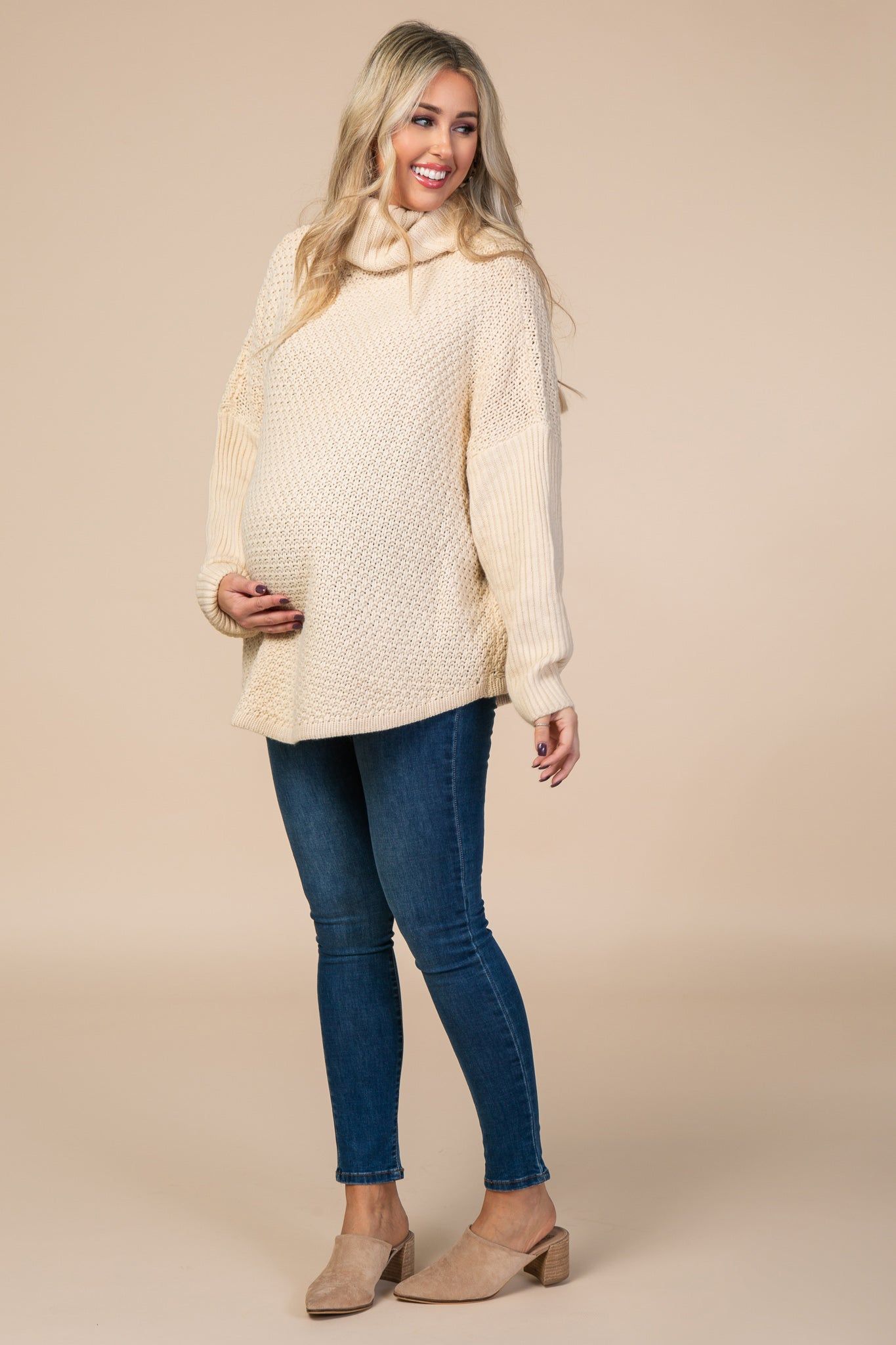 Beige Cowl Neck Knit Maternity Sweater sold by Pinkblush product image thumbnail 2