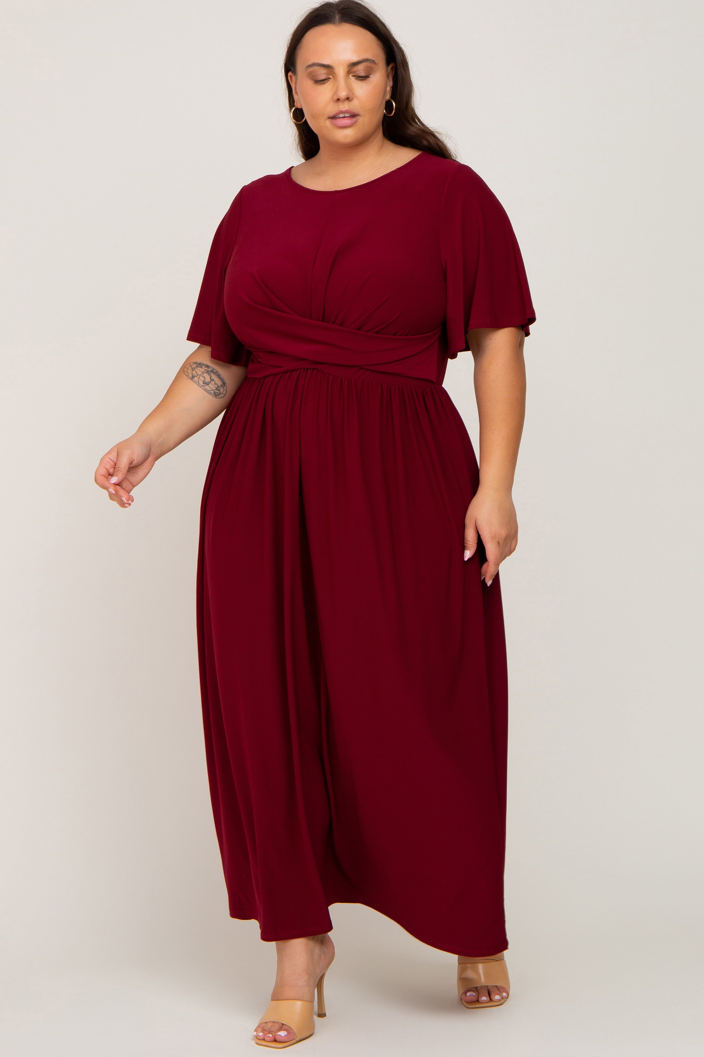 Burgundy Gathered Front Maternity Plus Maxi Dress sold by Pinkblush product image thumbnail 5