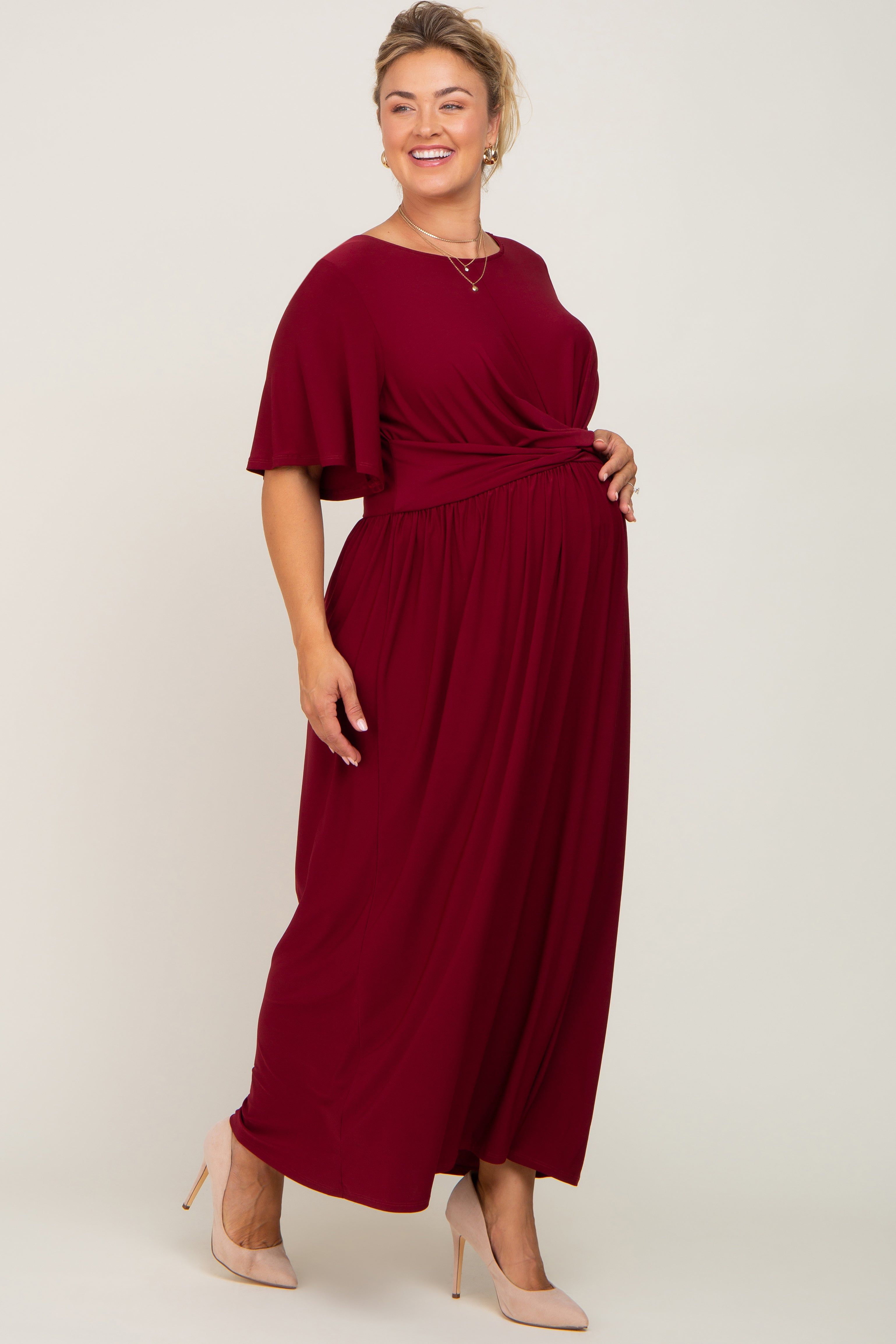 Burgundy Gathered Front Maternity Plus Maxi Dress sold by Pinkblush product image thumbnail 2