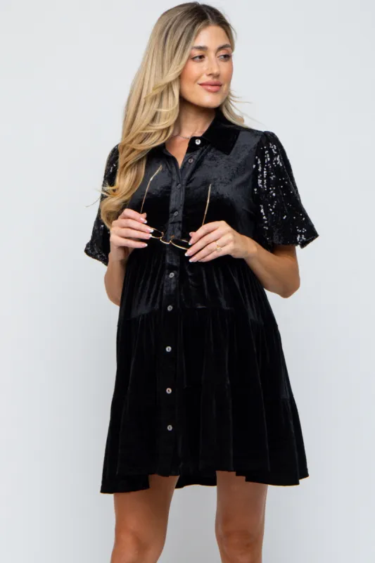 Black Velvet Tiered Sequin Short Sleeve Maternity Dress sold by Pinkblush