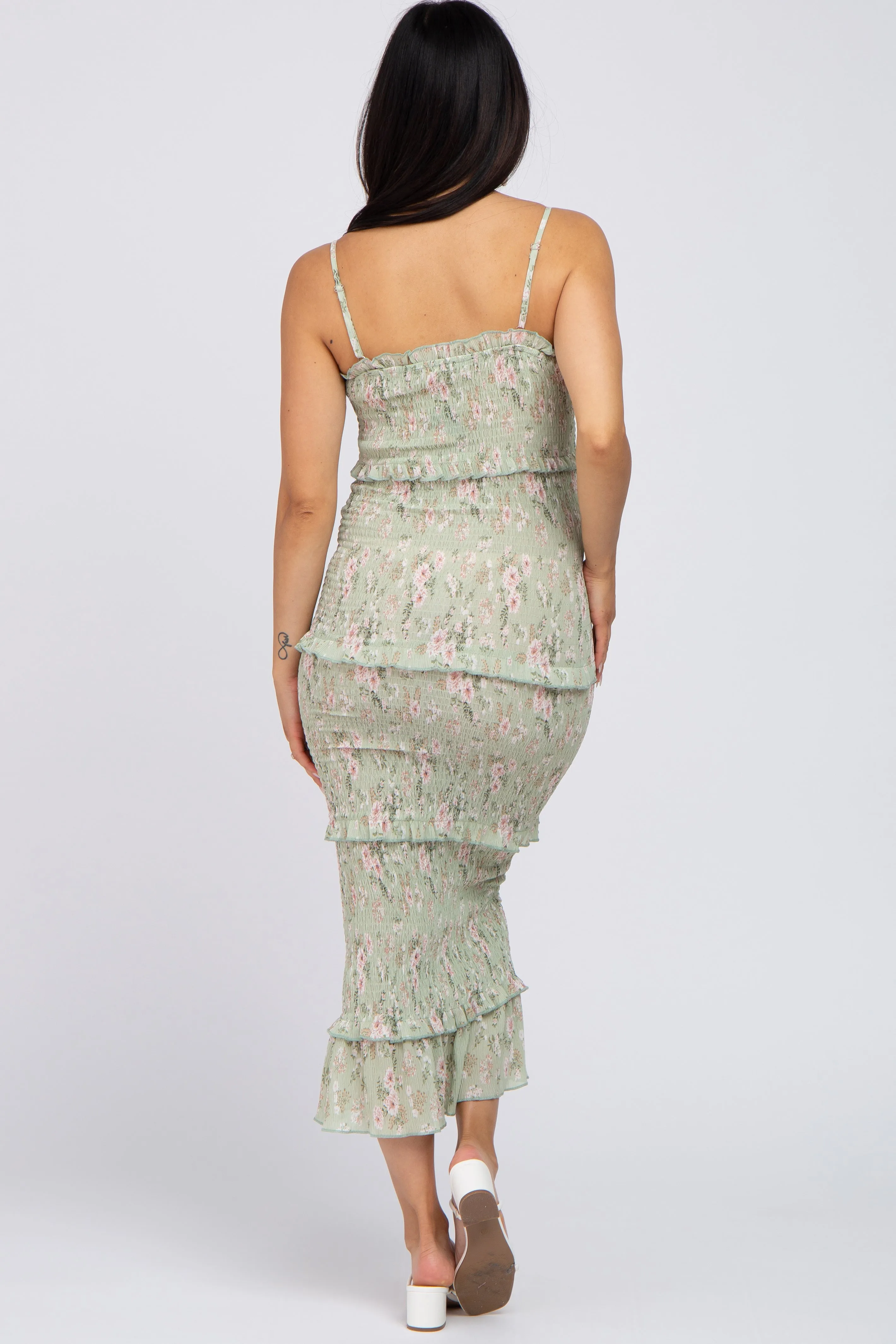 Sage Floral Smocked Fitted Maternity Midi Dress sold by Pinkblush product image thumbnail 3