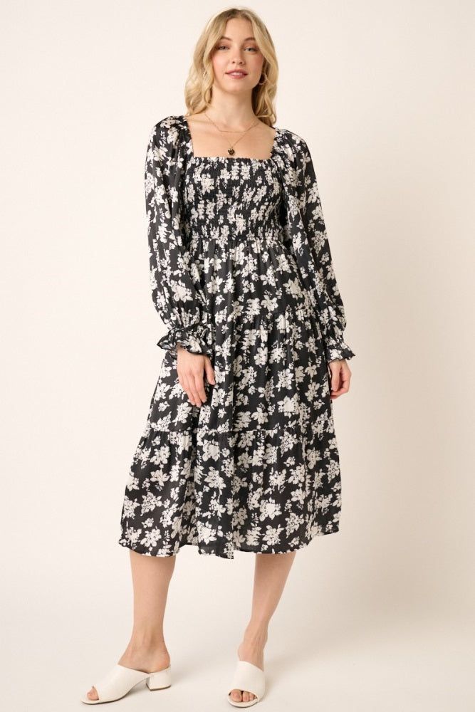White Floral Satin Smocked Tiered Midi Dress sold by Pinkblush product image thumbnail 2